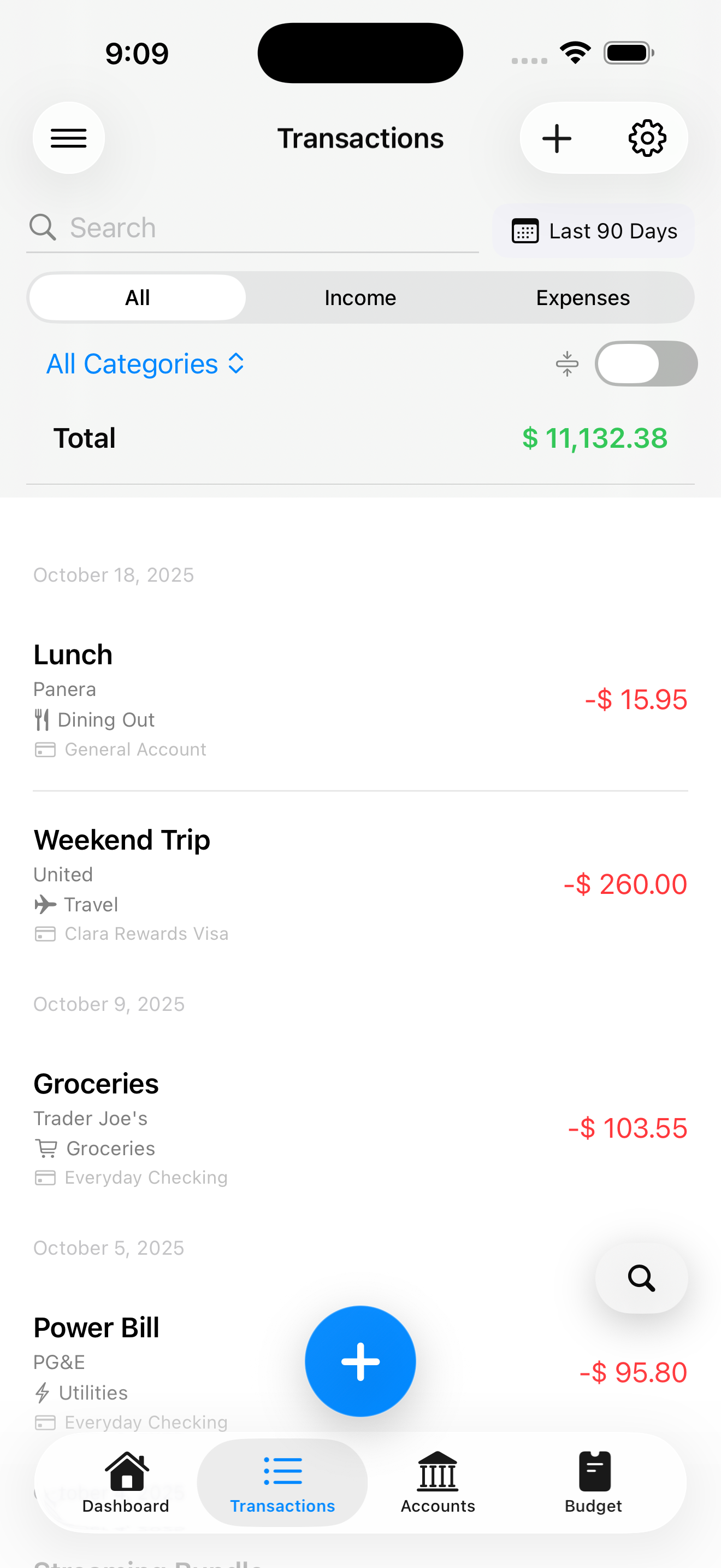 Transactions list inside Nara