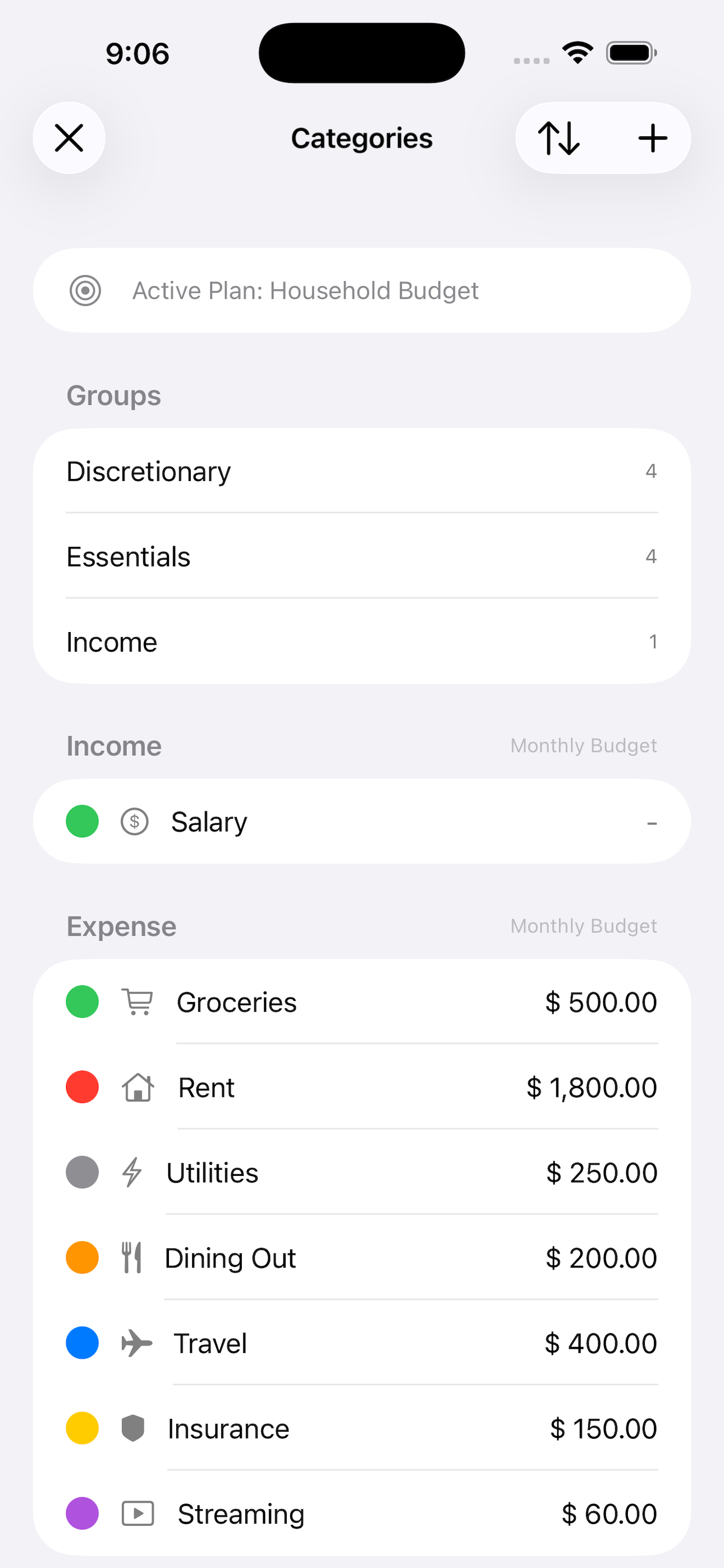 Spending categories view in Nara